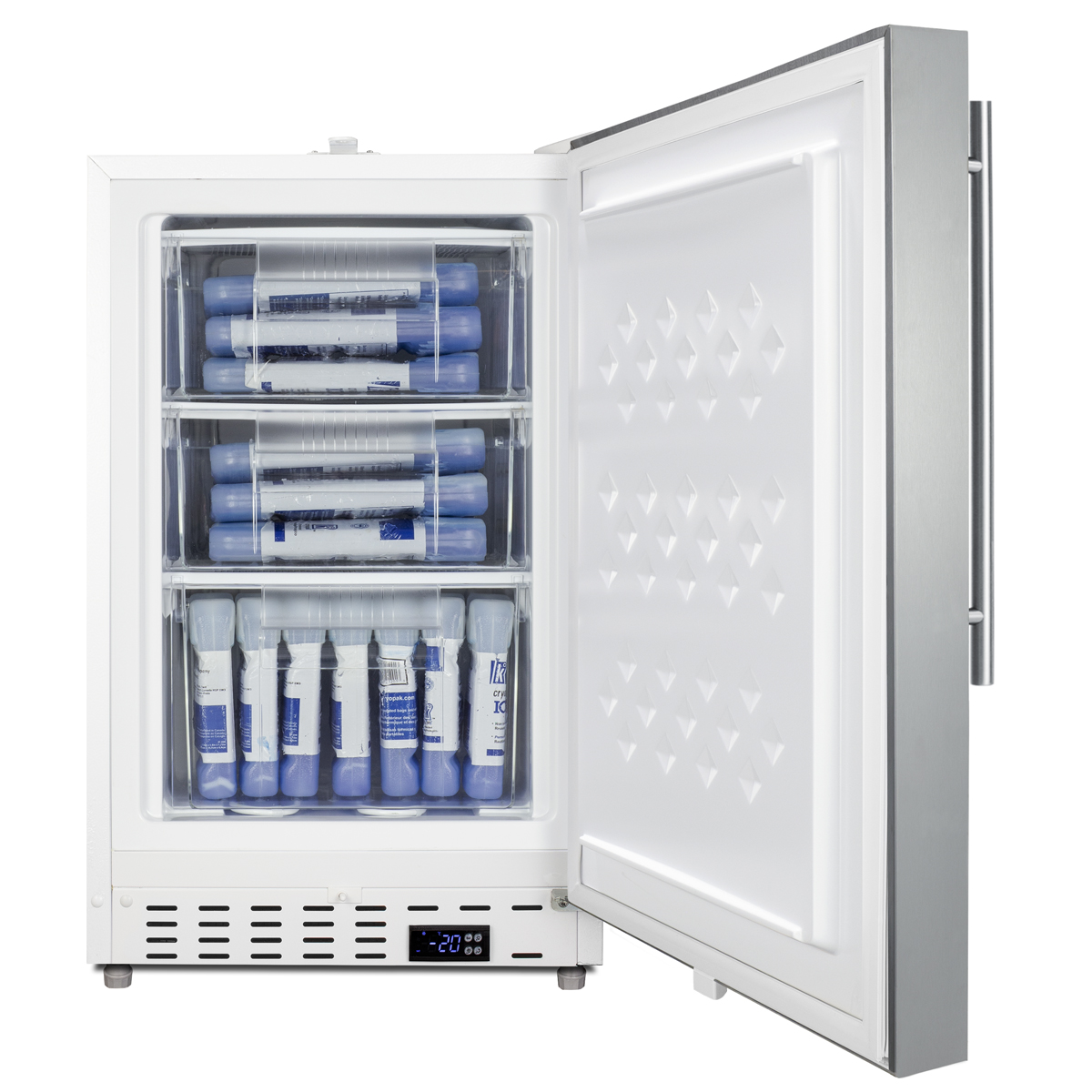 Built-in undercounter -25 C ADA compliant all-freezer with stainless steel front and handle, factory installed lock, digital controls, interior baskets, hospital cord with 'green dot' plug, access port, and manual defrost operation